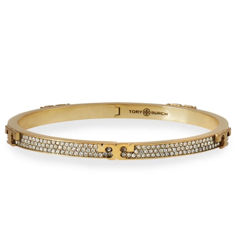 Brand New Tory Burch SERIF-T Pave Hinged Bracelet Bangle Swarovski Crystal Gold